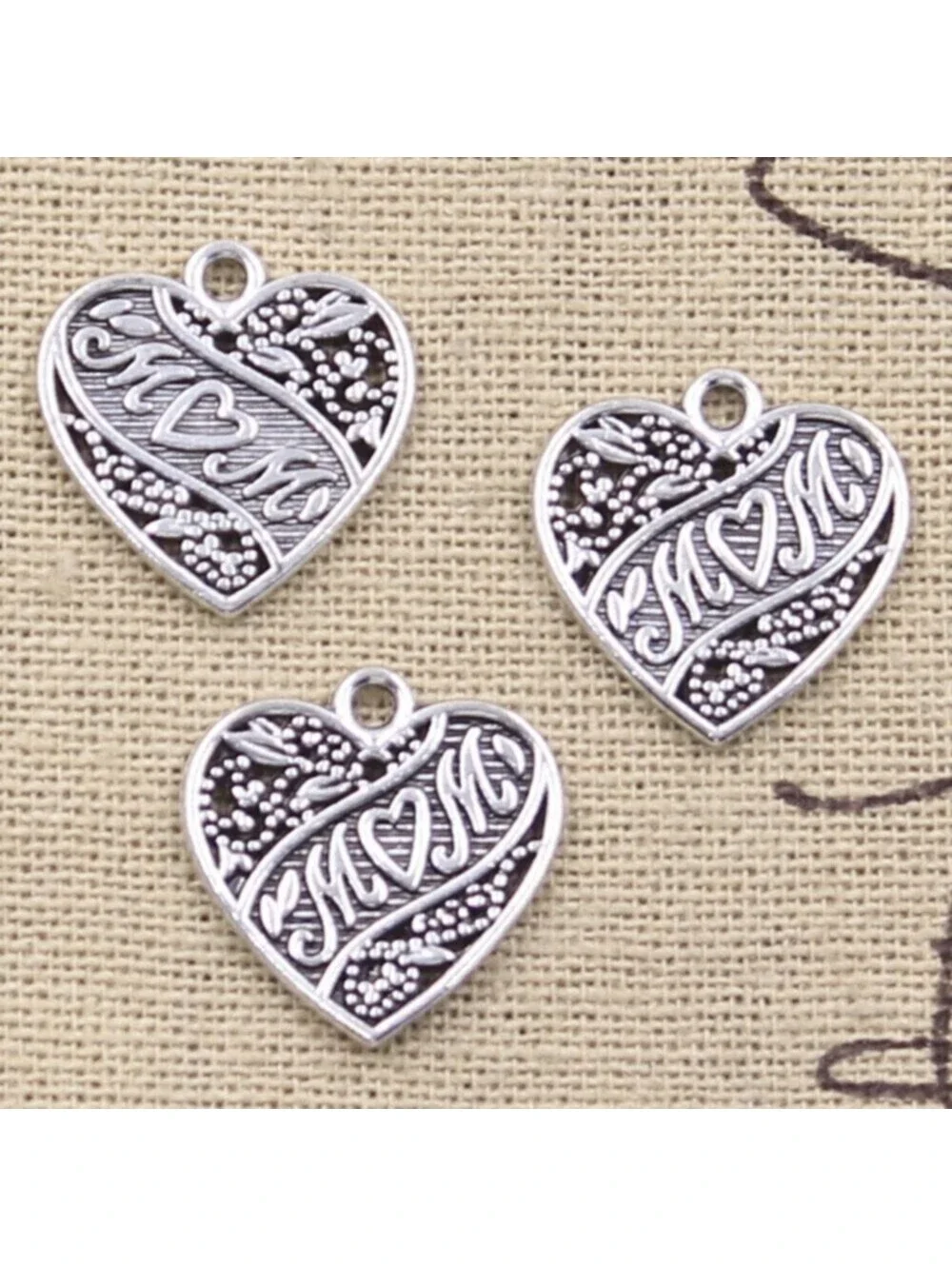 Antique Silver Plated Art Nouveau Mom Heart Charms Pendants 2 pcs